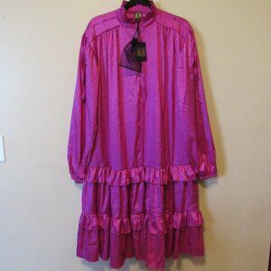 NWT Linear Collection ELLE Magenta Tiered Ruffle Shiny Satin Dress Womens M/L